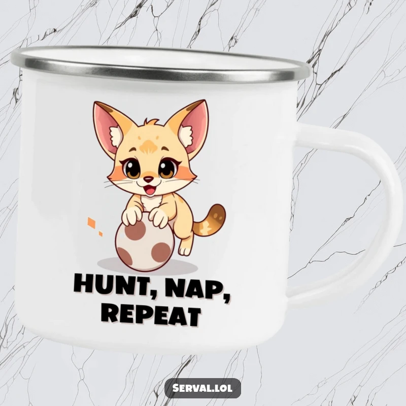 Funny serval camping mug showing a cat doing a comical pounce on a rolling ball, ready for adventure.