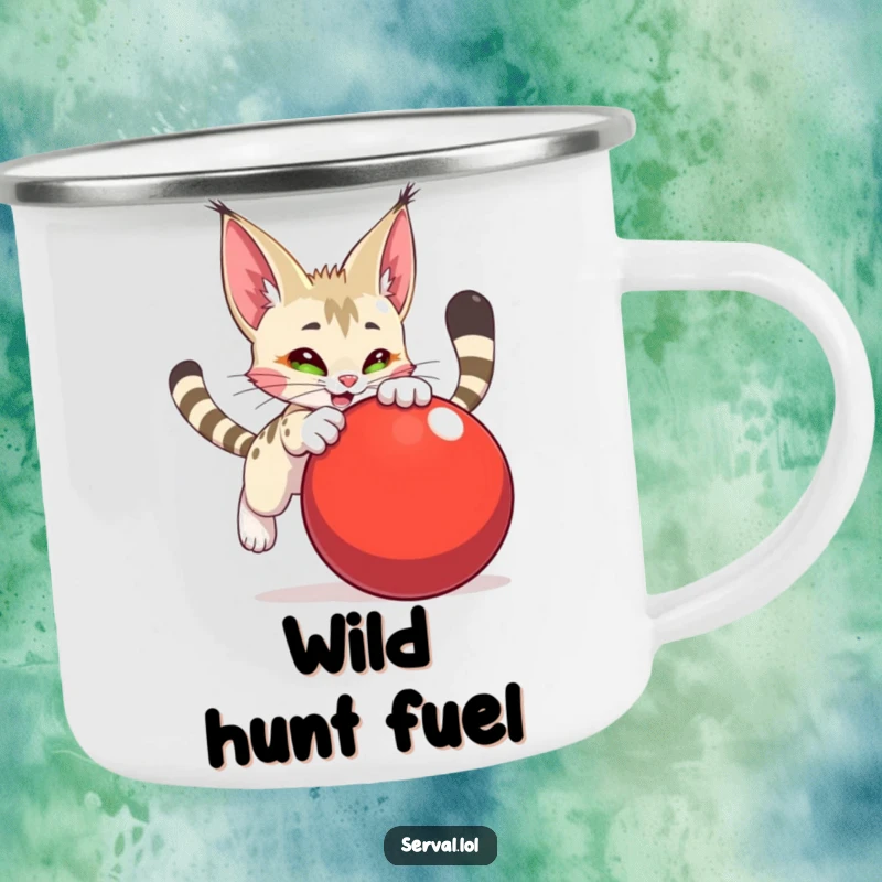 Funny serval character camping mug, captured mid-pounce on a large red ball, perfect for adventurous, fun-loving campers.