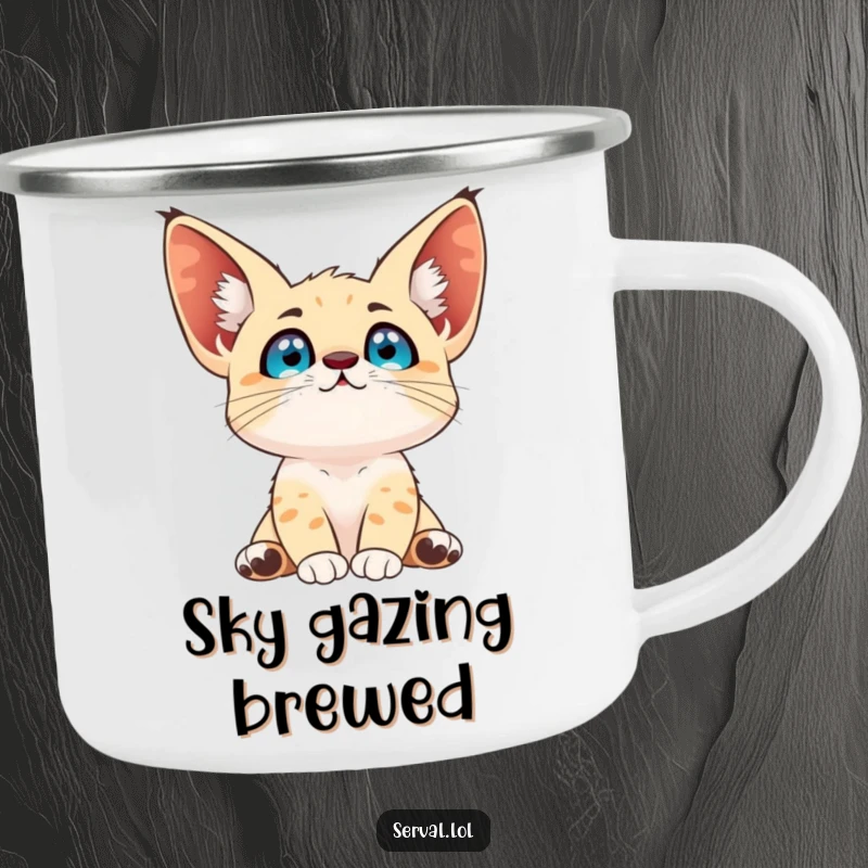 Funny serval camping mug depicting a serval gazing at the sky, perfect for enjoying drinks with a sense of wonder.
