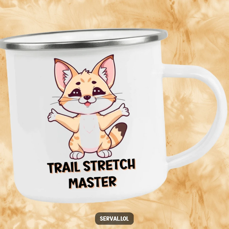 Funny serval stretching camping mug, a content serval cat stretching outdoors, perfect for coffee or tea.