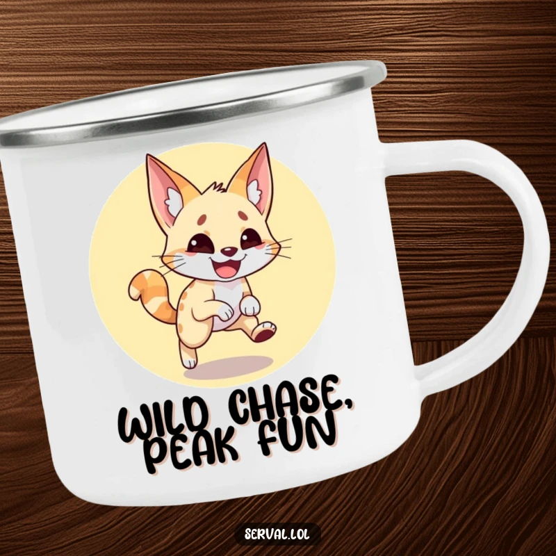 Funny serval camping mug depicting a wide-grinned serval spinning wildly while chasing its tail, built for outdoor merriment.