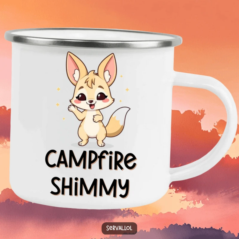 Funny Serval Camping Mug: A serval doing a happy wiggle dance, perfect for outdoor celebrations.