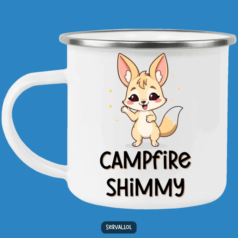 Funny Serval Wiggle Camping Mug: Dancing Cat Enamel Cup, Joyful Outdoor Gift