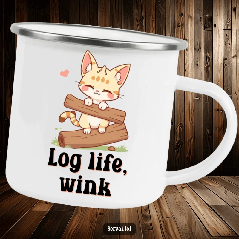 Funny camping mug featuring a winking serval cat balancing on a log, perfect for outdoor trips and cheerful sipping.