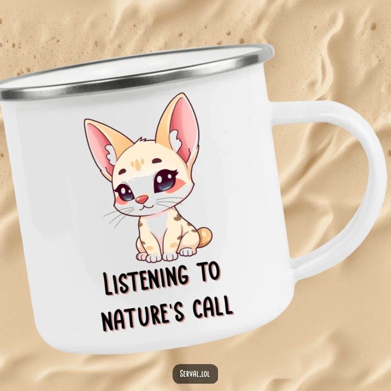Funny serval camping mug, a wild cat with large ears curiously tilting its head, ideal for outdoor contemplation.