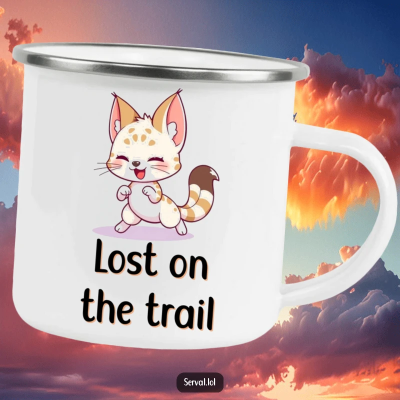 Funny Serval Camping Mug: A playful serval character chasing its tail, designed for outdoor fun and humor.