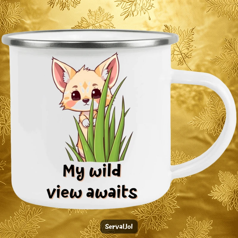 Funny kawaii serval cat peeking over grass, durable enamel camping mug, cute jungle animal illustration, a funny gift.