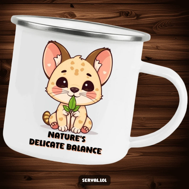 Funny kawaii serval cat balancing a small leaf on its nose, on a sturdy camping mug.