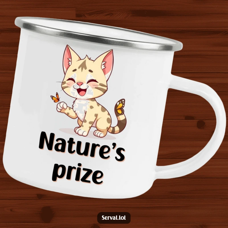 Funny Serval Camping Mug: A happy serval character playfully pouncing on a butterfly, designed for outdoor fun.