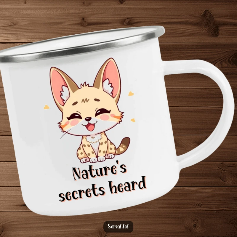 Funny Serval Camping Mug: A serval with ears perked, listening intently with joy, perfect for outdoor adventures.