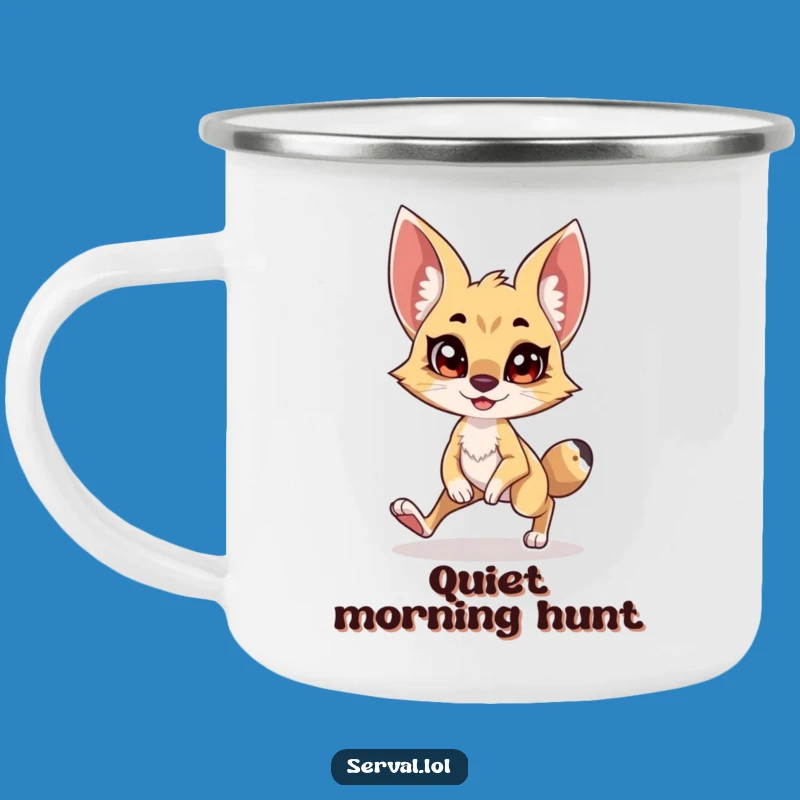 Funny Serval Tiptoe Camping Mug: Comical Stealthy Cat Enamel Cup, Outdoor Gift