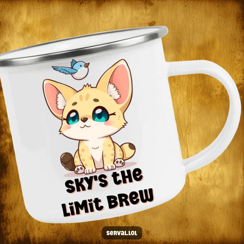 Funny Serval Camping Mug: A small serval looks up with adoring eyes at a hovering bird, perfect for enjoying nature's wonders.