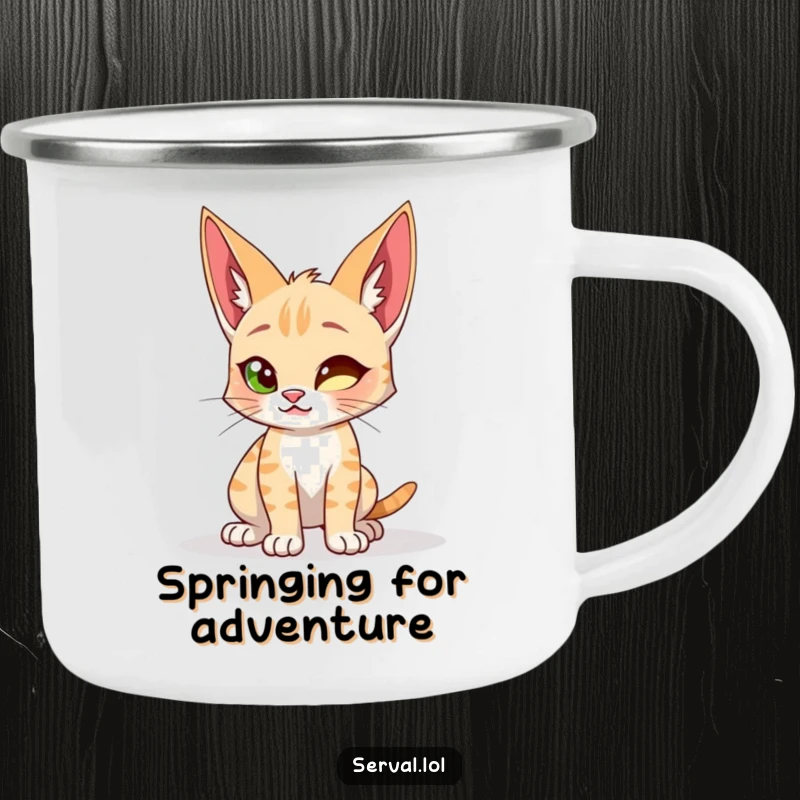 Funny camping mug with a serval cat in a playful crouch, ready to spring, ideal for outdoor adventures.