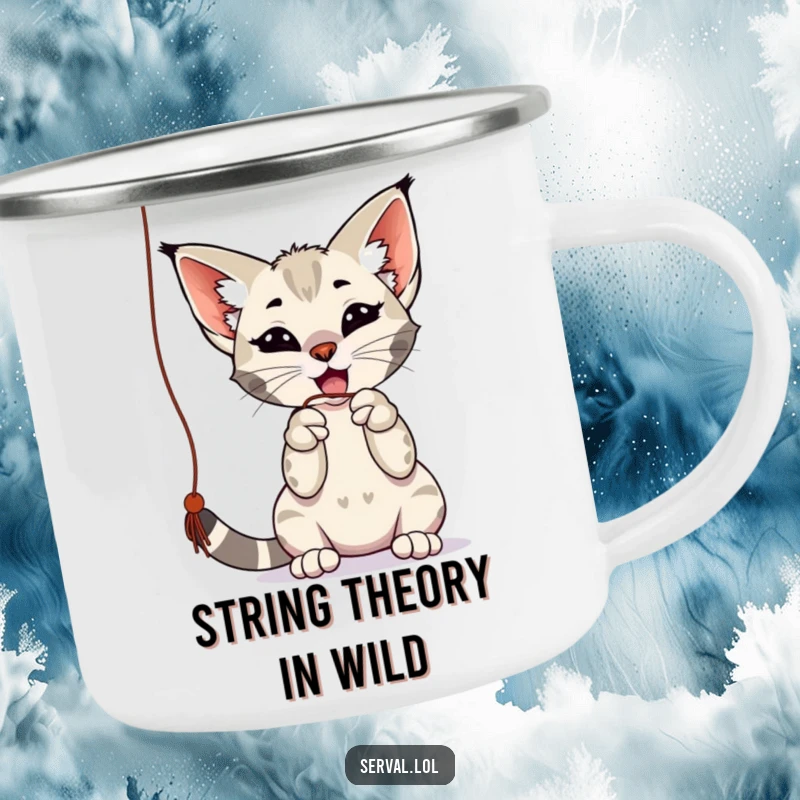 Funny serval camping mug with a playful serval batting at a dangling string with its paws, perfect for outdoor lovers and as a funny gift.