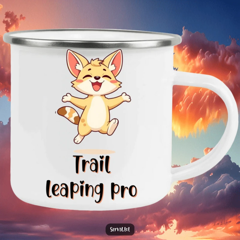 Funny kawaii serval character in a joyful leap, featured on a sturdy and humorous camping mug.
