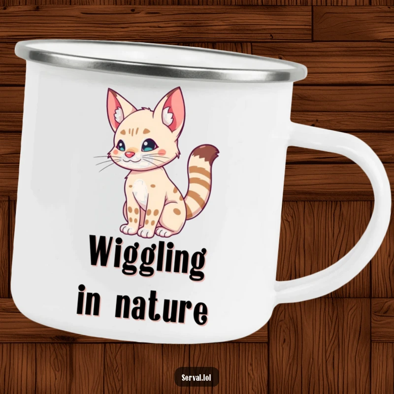 Funny camping mug of a serval doing a silly tail wiggle, perfect for outdoor excursions with a humorous twist.