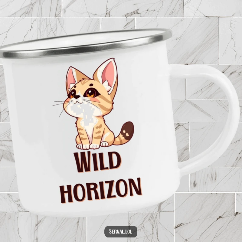 Funny Serval Wonder Camping Mug. An enamel mug featuring a serval cat looking up at the sky with an expression of pure wonder.