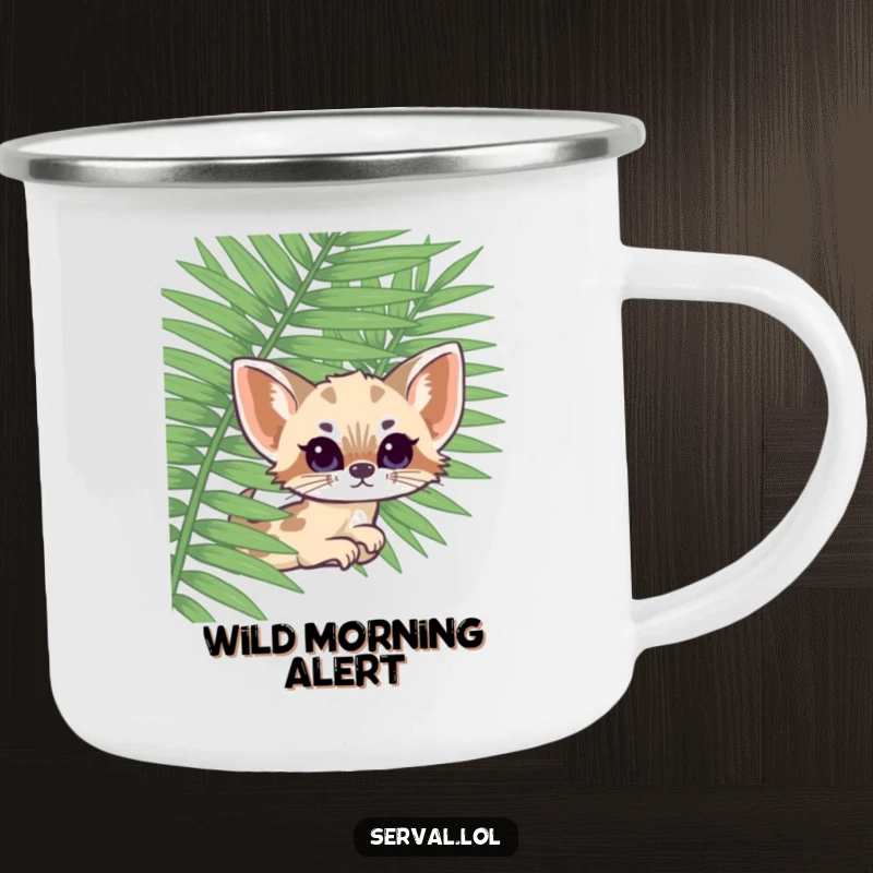 Funny kawaii serval peeking from a fern, a sturdy and humorous camping mug for enjoying drinks on the go.