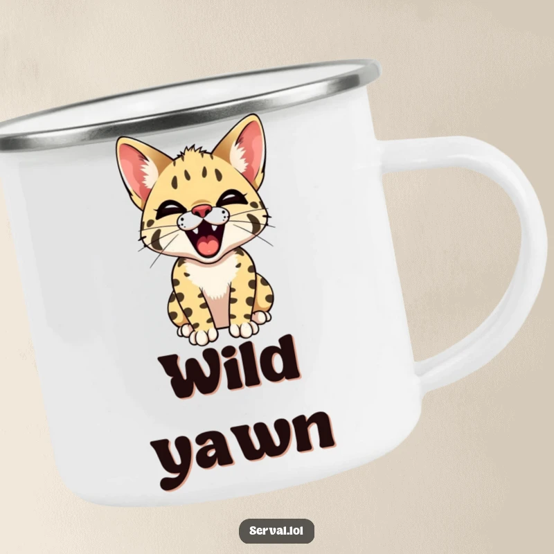 Funny Serval Yawn Camping Mug. An enamel mug showcasing a serval cat yawning widely with tiny teeth, perfect for outdoor humor.