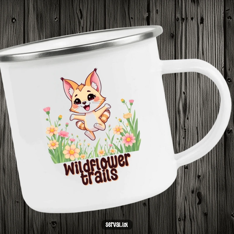 Funny kawaii serval cat joyfully bounding through tall flowers, on a sturdy camping mug.