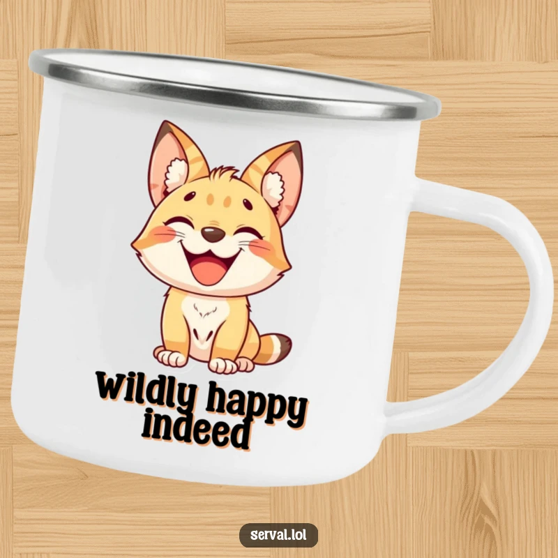 Funny kawaii serval cat with a big grin, durable enamel camping mug, cute jungle animal illustration, a funny gift.