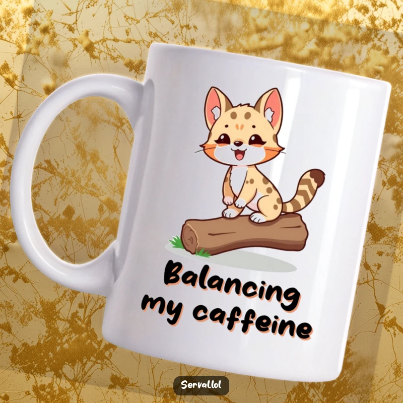 Funny Serval Mug featuring a delighted serval character proudly balancing on a small log, showcasing skill and confidence.