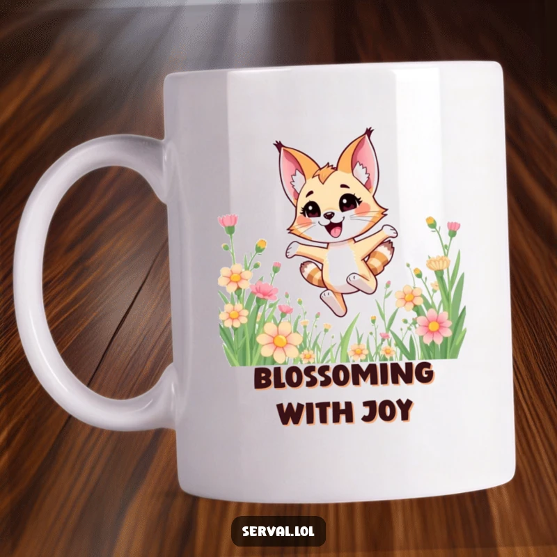 Funny kawaii serval cat character joyfully bounding through tall colorful flowers, on a mug.