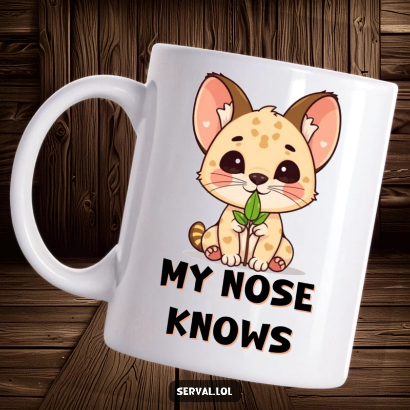 Funny kawaii serval cat character adorably balancing a small green leaf on its nose, on a mug.