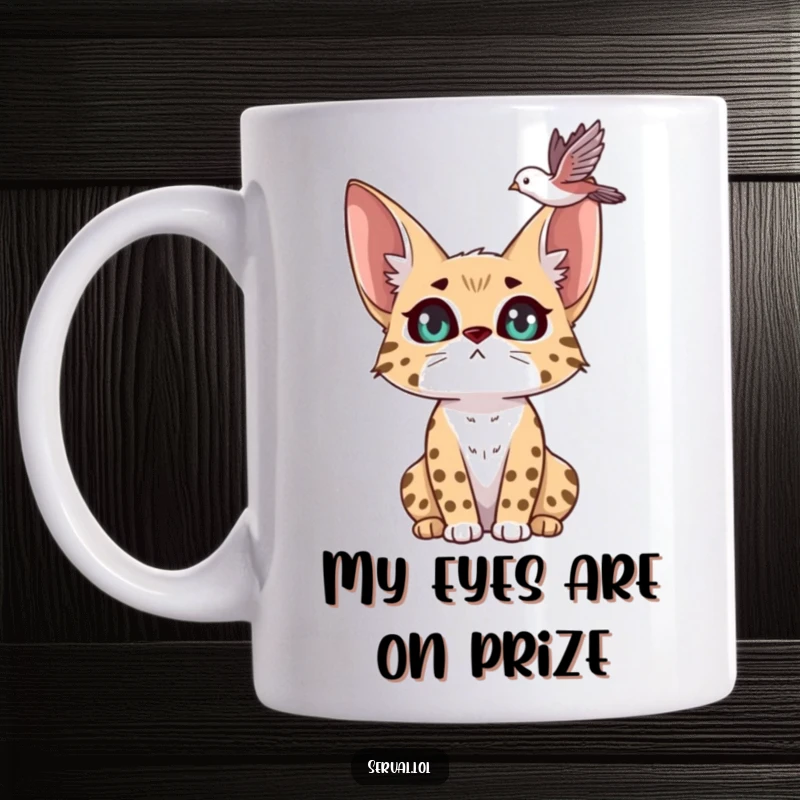Funny serval mug with wide, expressive eyes intently tracking a bird soaring through the sky, showcasing intense feline focus.
