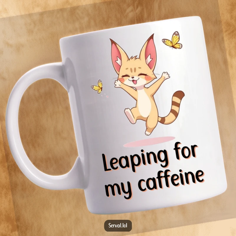Funny mug featuring a cute, wide-eyed kawaii serval character mid-leap, playfully reaching for a delicate fluttering butterfly in a whimsical art style.
