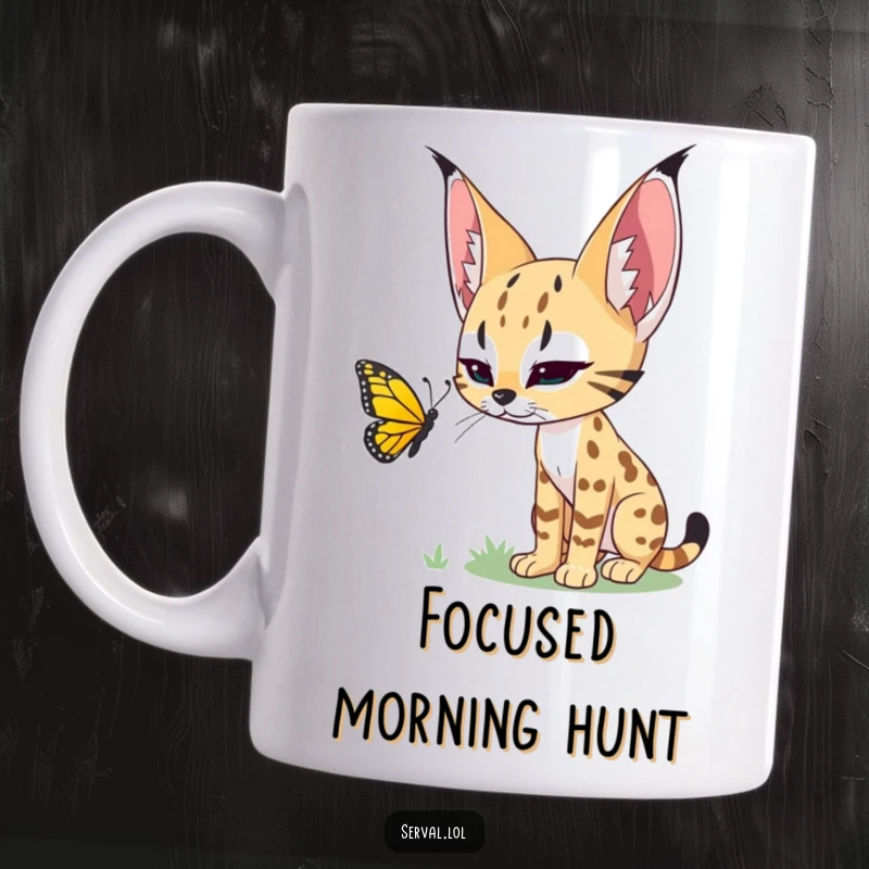 Funny mug featuring a serval intently stalking a brightly colored butterfly, a humorous jungle hunter scene.