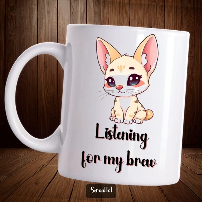 Funny serval mug, a wild cat with large ears curiously tilting its head, expressing gentle inquisitiveness.