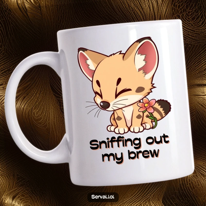 Funny Serval Mug showing a curious serval character sniffing a colorful flower with pure delight and fascination.