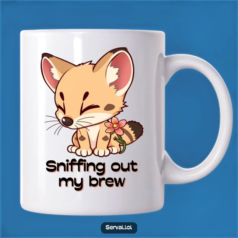 Funny Serval Flower Sniffing Mug: Delightful Curious Cat Lover Gift