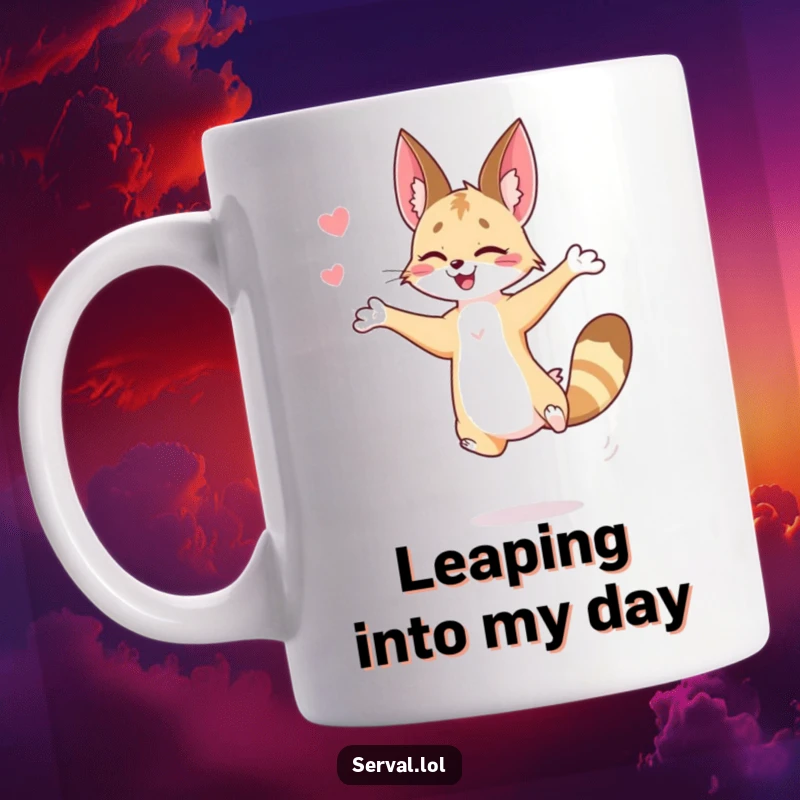 Funny serval mug capturing a serval mid-air performing a graceful yet funny jump, celebrating feline agility and humor.