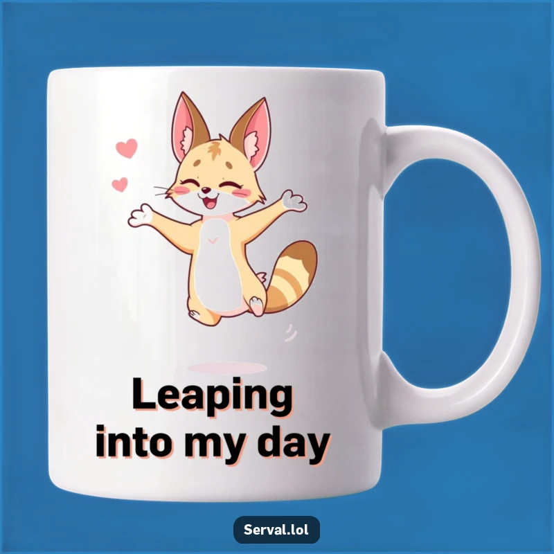 Funny Serval Jump Mug: Graceful Wild Cat Action for Coffee Lovers