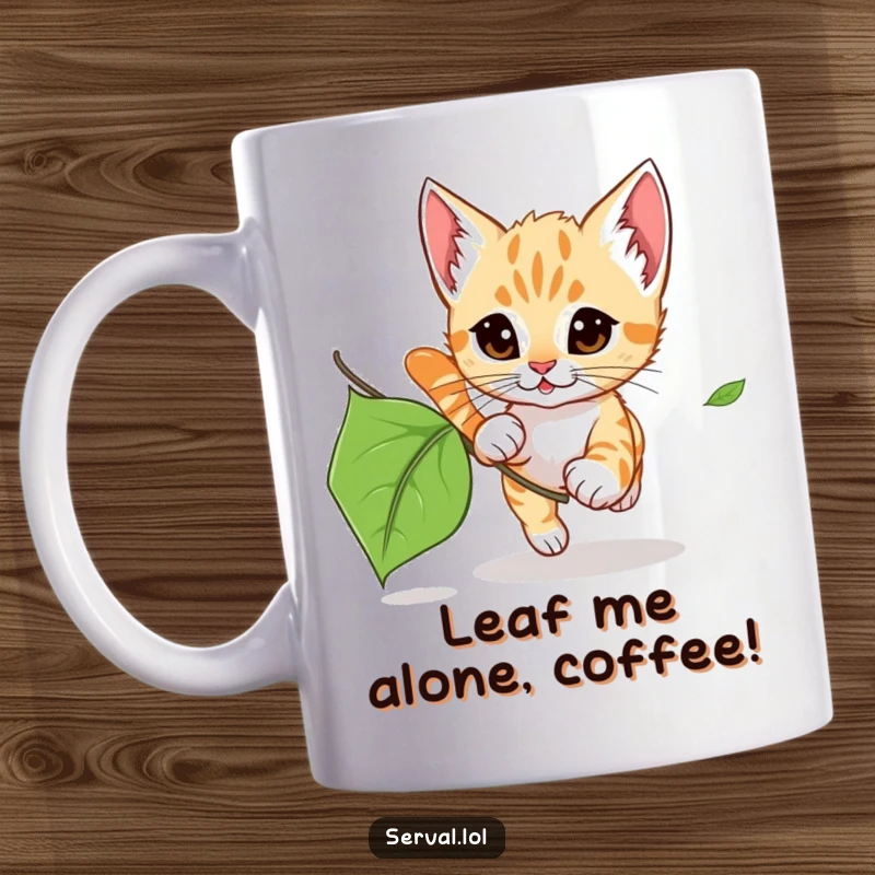 Funny Serval Kitten Leaf Chase Mug: A cute serval kitten leaping playfully after a rustling autumn leaf.