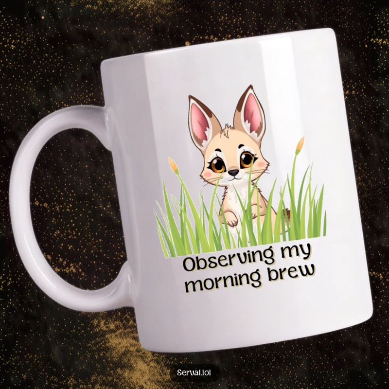 Funny Serval Peek Mug: A serval with large, curious eyes peeking playfully from behind tall blades of grass.