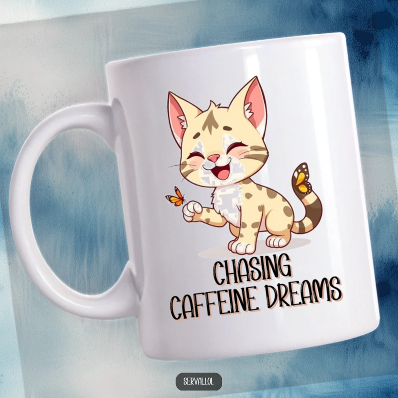Funny Serval Mug: A happy serval character playfully pouncing towards a tiny butterfly in a whimsical scene.