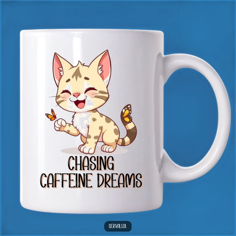 Funny Serval Pounce Mug: Happy Feline Butterfly Chase Gift