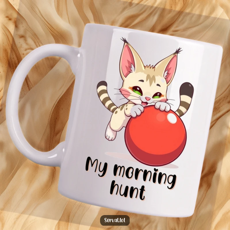 Funny serval character mug, captured mid-playful pounce onto a large, vibrant red ball, showcasing energetic feline fun.