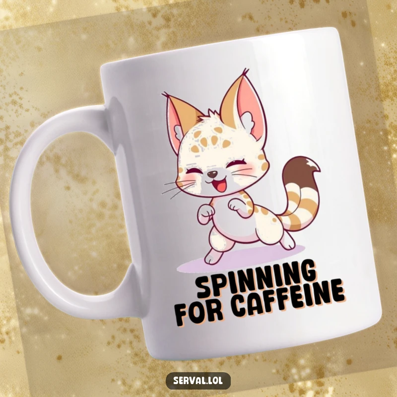 Funny Serval Mug: A playful serval character hilariously chasing its own tail in a circle.