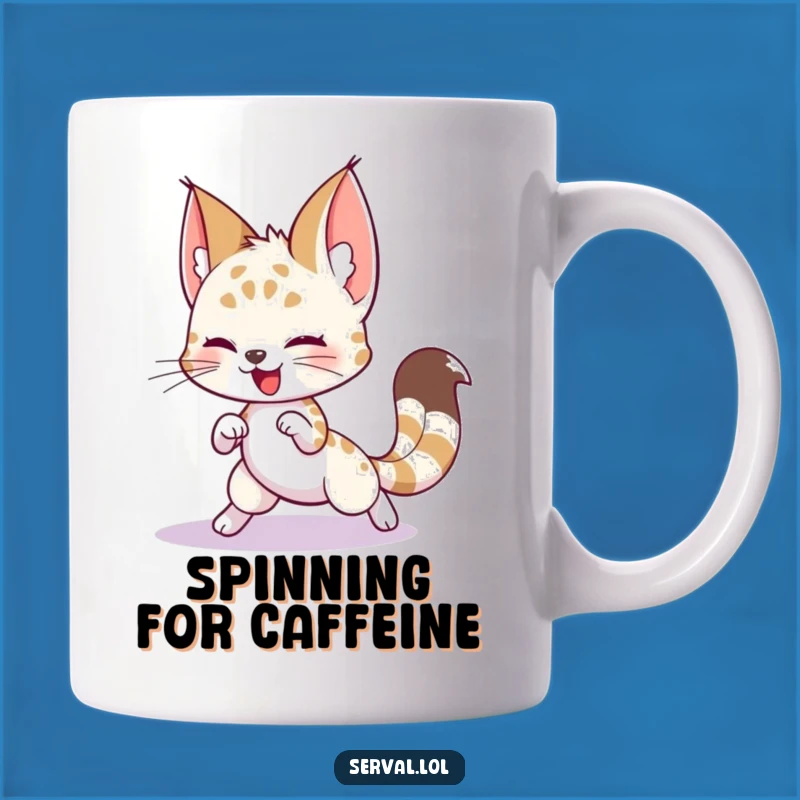 Funny Serval Tail Chase Mug: Silly Cat Antics Gift