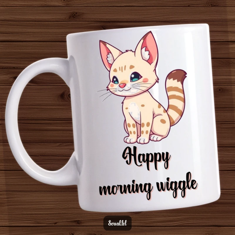 Funny mug featuring a serval doing a silly tail wiggle, capturing a moment of pure feline joy and humor.