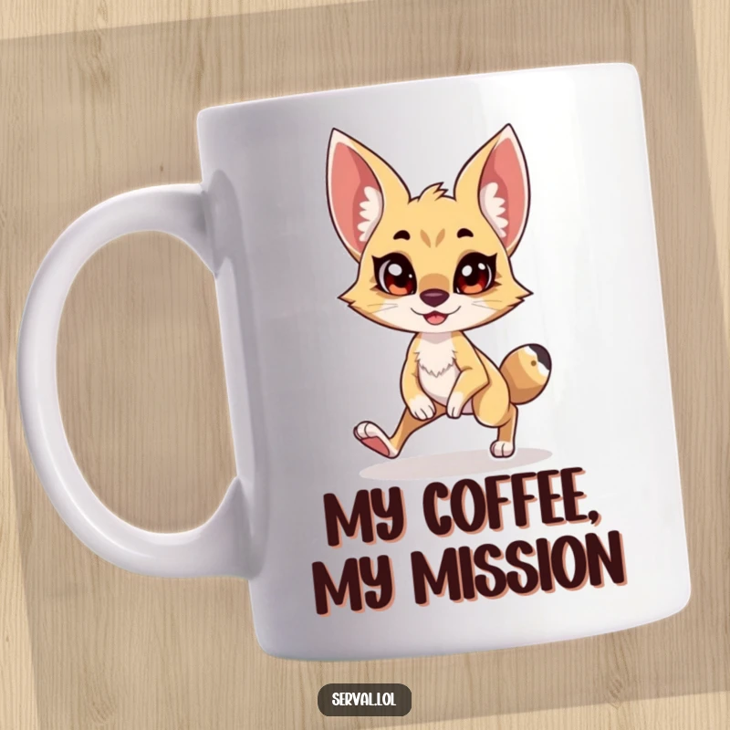 Funny Serval Mug: A mischievous serval character tiptoeing with a wide, comical grin, perfect for a humorous gift.