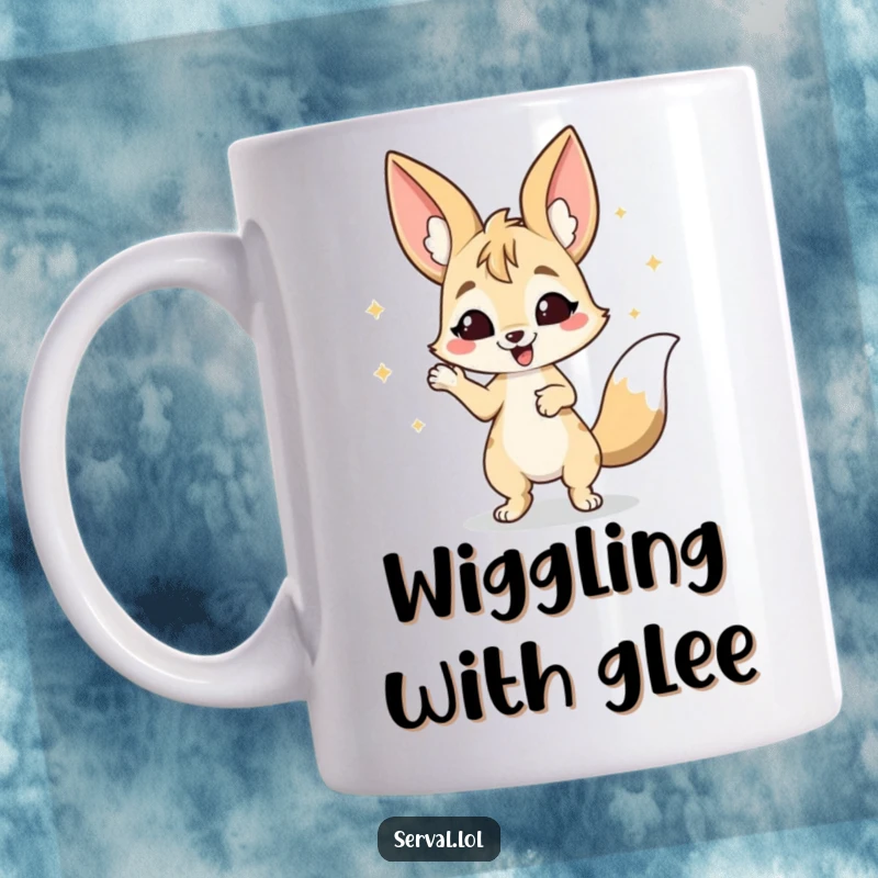 Funny Serval Mug: A serval character doing a happy, energetic wiggle dance, full of pure delight and fun.
