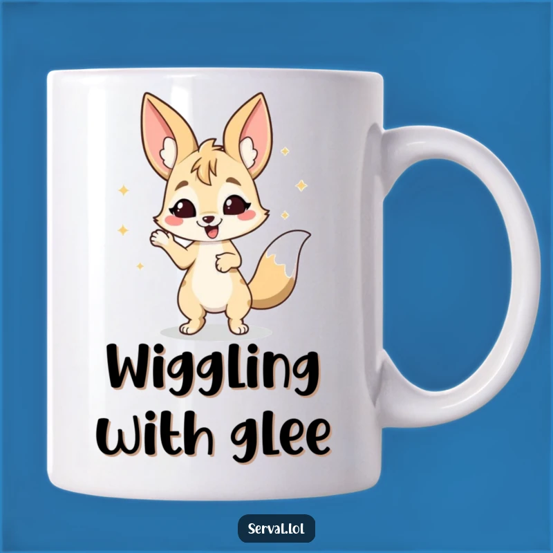 Funny Serval Wiggle Mug: Happy Dancing Cat, Joyful Celebration Gift