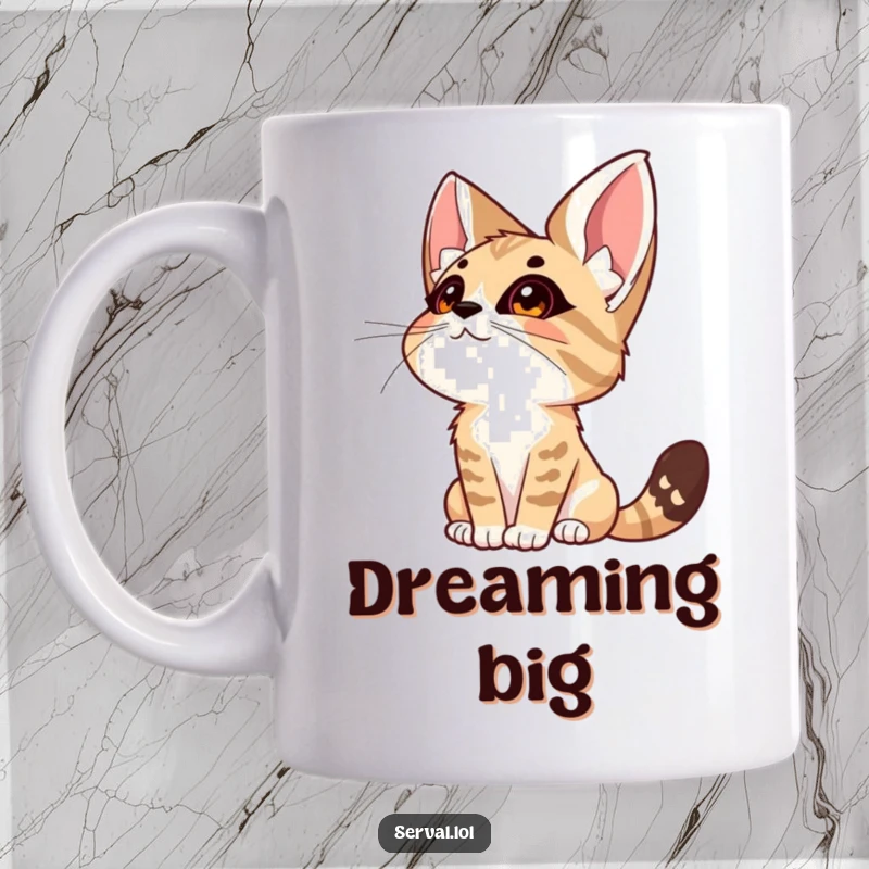Funny Serval Wonder Mug. A serval cat gazes upwards towards the sky with wide eyes, expressing a sense of awe and wonder.