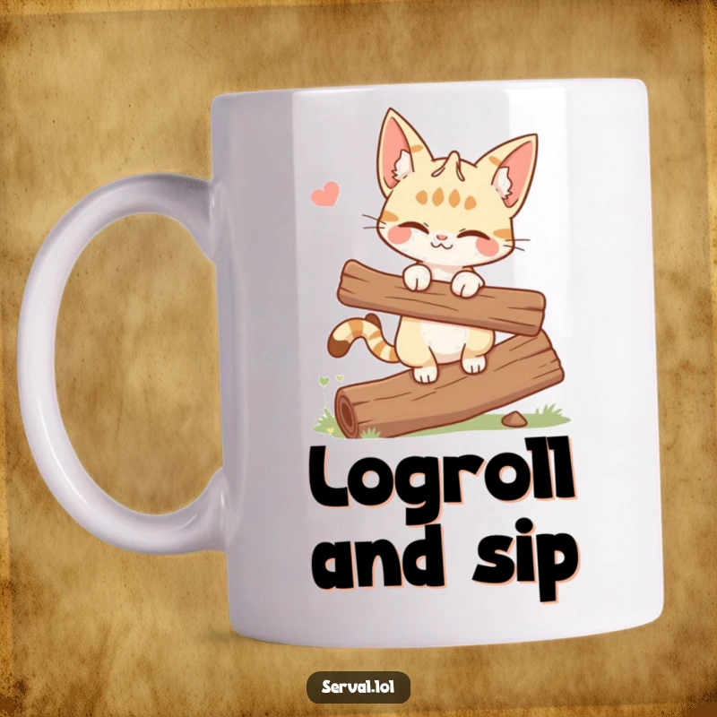 Funny mug featuring a winking serval cat skillfully balancing on a log, exuding confidence and playful mischief.