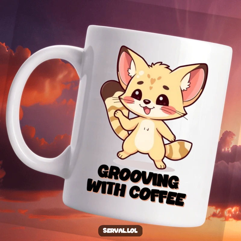 Funny kawaii serval character in a cute, nimble dance step, full of rhythm and joy.